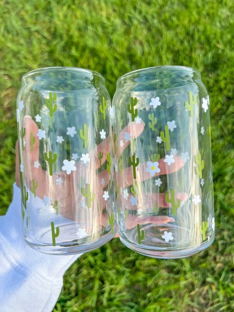 Cactus and flowers Glass cup