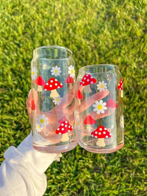 Mushrooms and Flowers Glass Cup